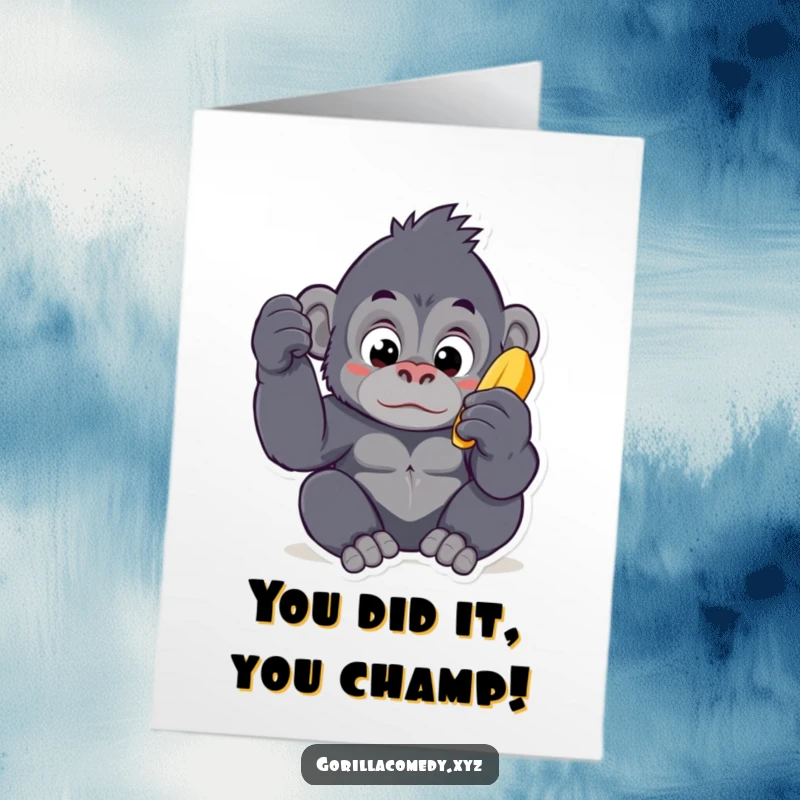 Funny Free Printable Congrats Card: Kawaii gorilla intently examines a banana, celebrating your success with nutty humor.