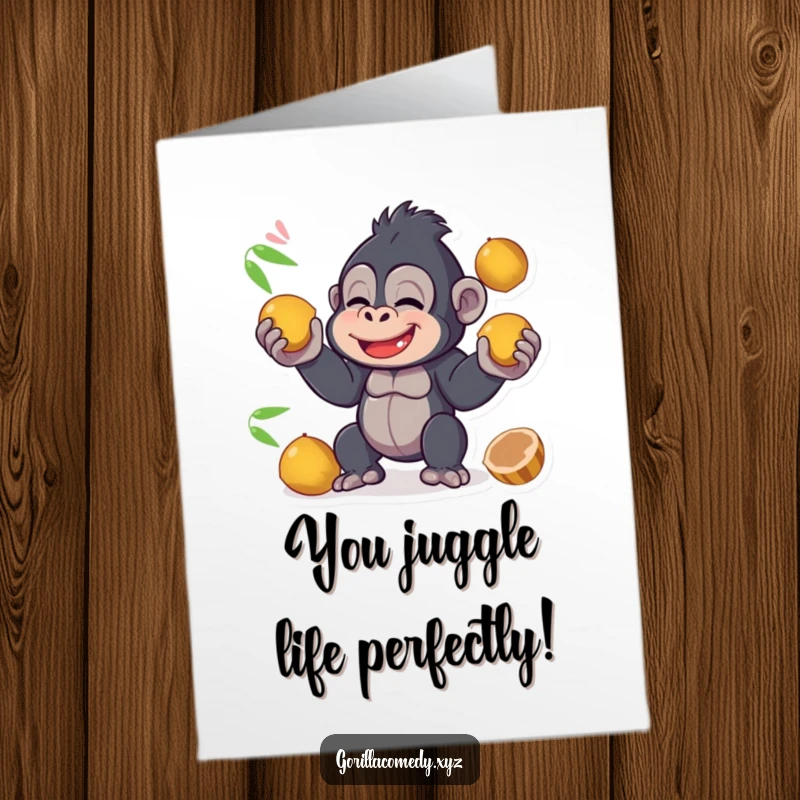 Funny Free Printable Congrats Card: Adorable kawaii gorilla giggling while skillfully juggling coconuts, celebrating achievements.