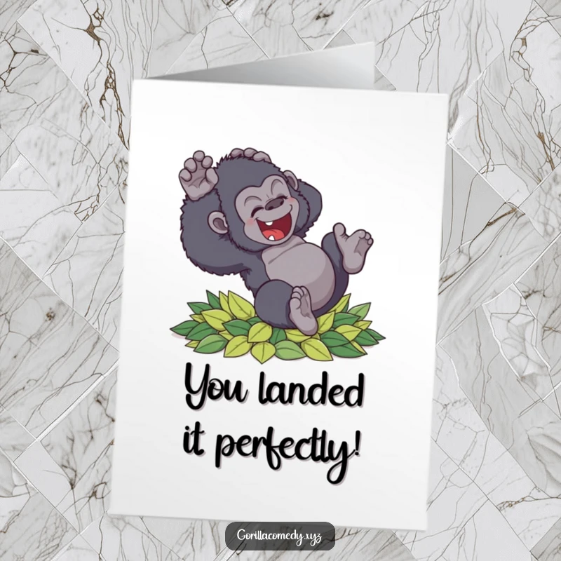 Funny Free Printable congratulations card of a clumsy gorilla tumbling with delight into leaves, suitable for a humorous congratulatory message.