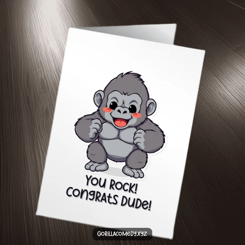 Funny Free Printable Congratulations Card: Playful gorilla pounding its chest rhythmically, signaling a triumphant celebration of success.