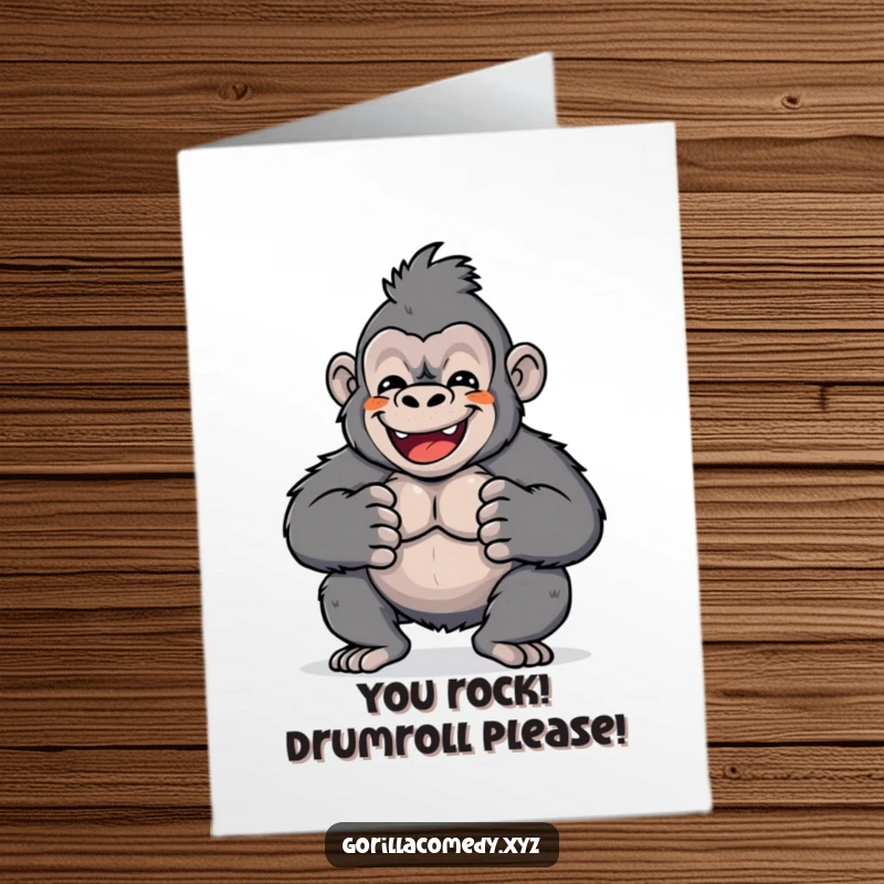 Funny Free Printable Kawaii Gorilla Congratulations Card: Grinning gorilla enthusiastically drumming its chest to celebrate a triumphant achievement.