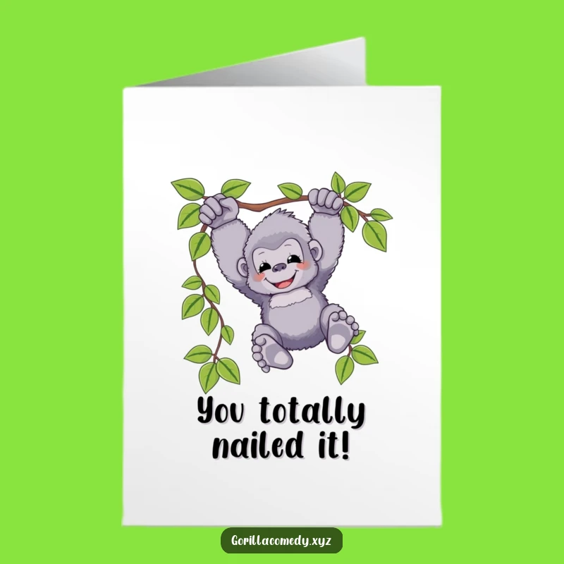 Free Printable Congrats Card: Fluffy Gorilla swinging, celebrating your win!