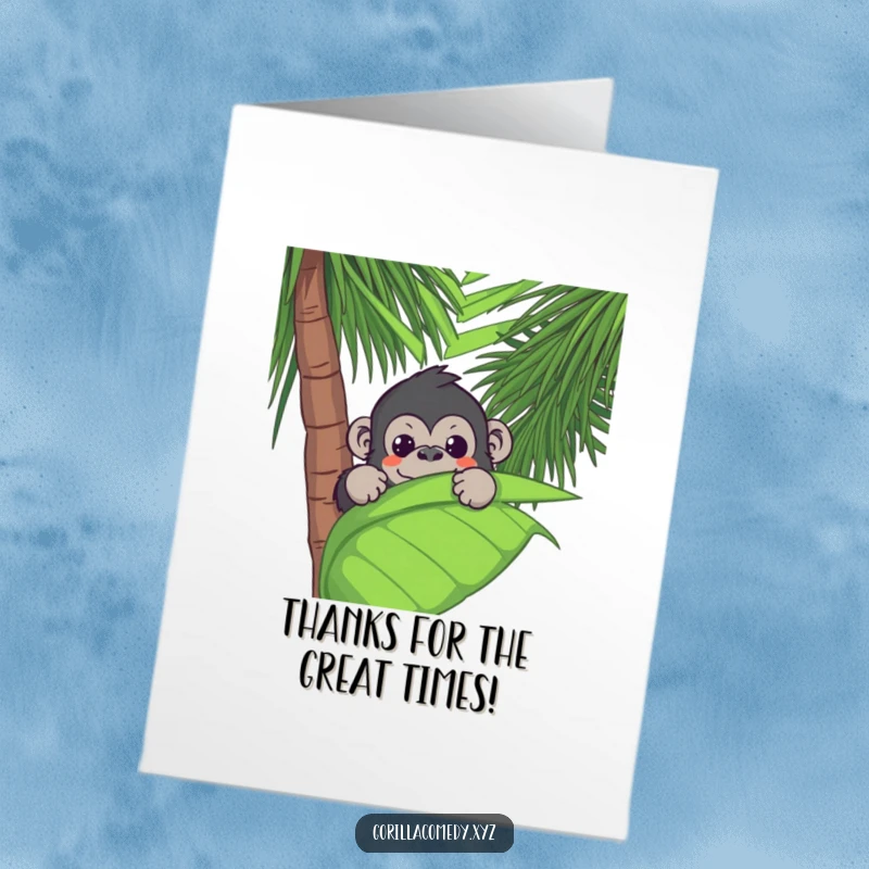 Funny Free Printable Thank You Card: Kawaii gorilla peeking from behind a lush palm leaf with a grateful expression.