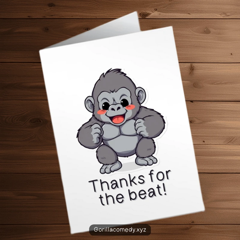 Funny Free Printable Thank You Card: A playful gorilla energetically pounding its chest, offering a bold and humorous expression of thanks.