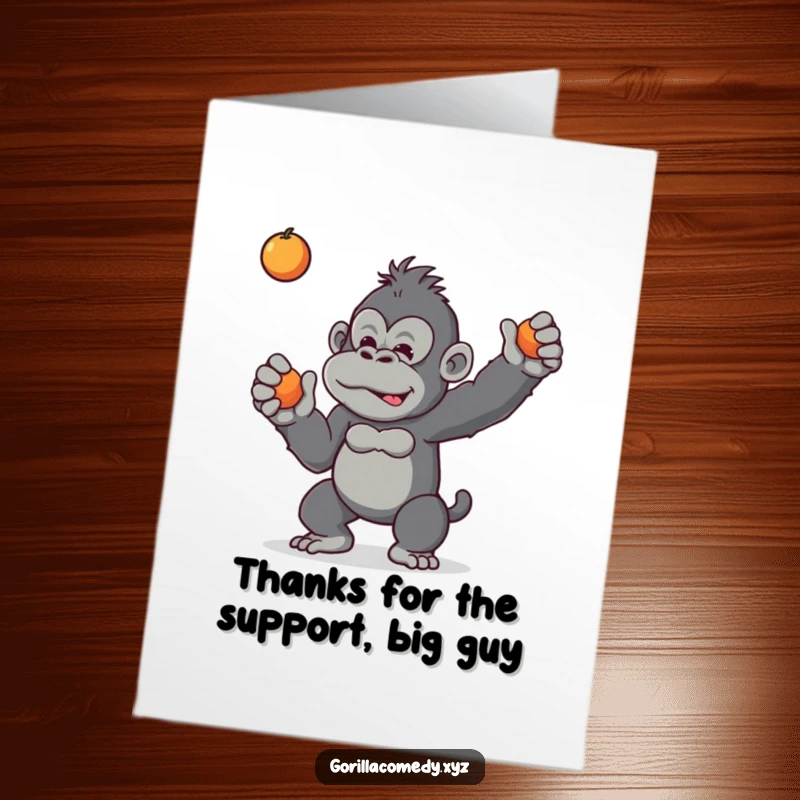 Funny Free Printable Thank You Card: A mischievous gorilla playfully tosses a small fruit, adding humor to thanks.
