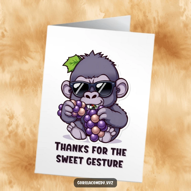 Funny Free Printable Gorilla Thank You Card: A gorilla in sunglasses eats grapes, giving a cool, thankful vibe.
