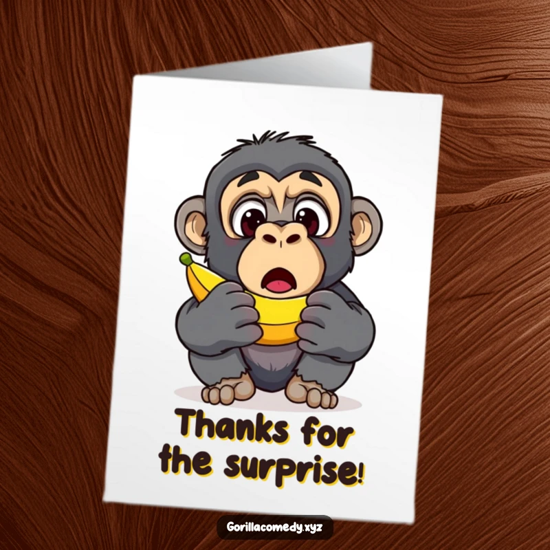Funny Free Printable Thank You Card: A gorilla with comically wide, surprised eyes discovering a perfectly ripe banana, a funny thank you.