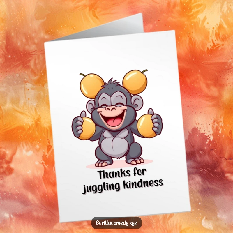 Funny Free Printable thank you card where a giggling gorilla juggles coconuts, adding humor to your gratitude.