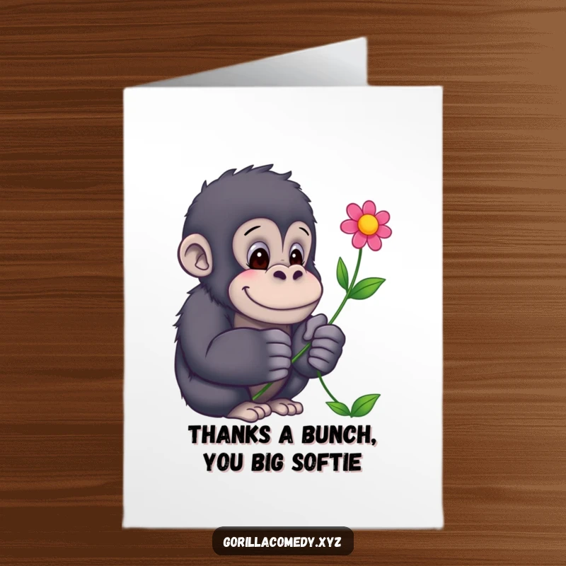 Funny Free Printable Thank You Card: A tender gorilla offers a beautiful flower, conveying sincere appreciation with a gentle touch.