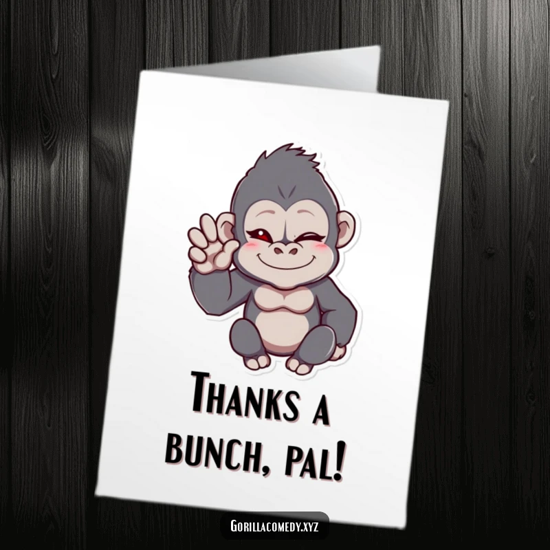 Funny Free Printable Thank You Card: A gorilla character winks and waves with one hand, conveying friendliness.