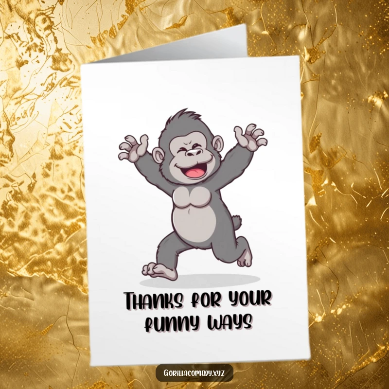 Funny Free Printable Wobbly Gorilla Thank You Card showing a gorilla doing a funny, arms-outstretched walk to say thanks.
