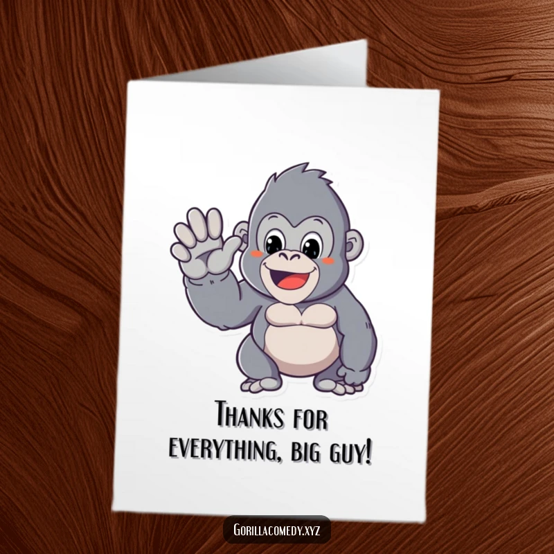 Funny free printable thank you card featuring a cute Kawaii gorilla extending a large hand for a friendly wave of thanks.