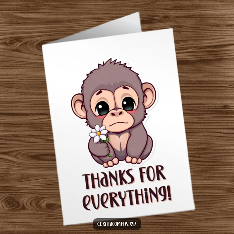 Funny Free Printable Thank You Card: Startled gorilla character with wide eyes holding a tiny flower, looking surprised.