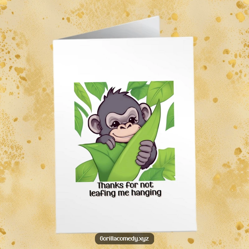 Funny Free Printable Gorilla Thank You Card: A playful gorilla peeking from a leaf, giving a conspiratorial wink.