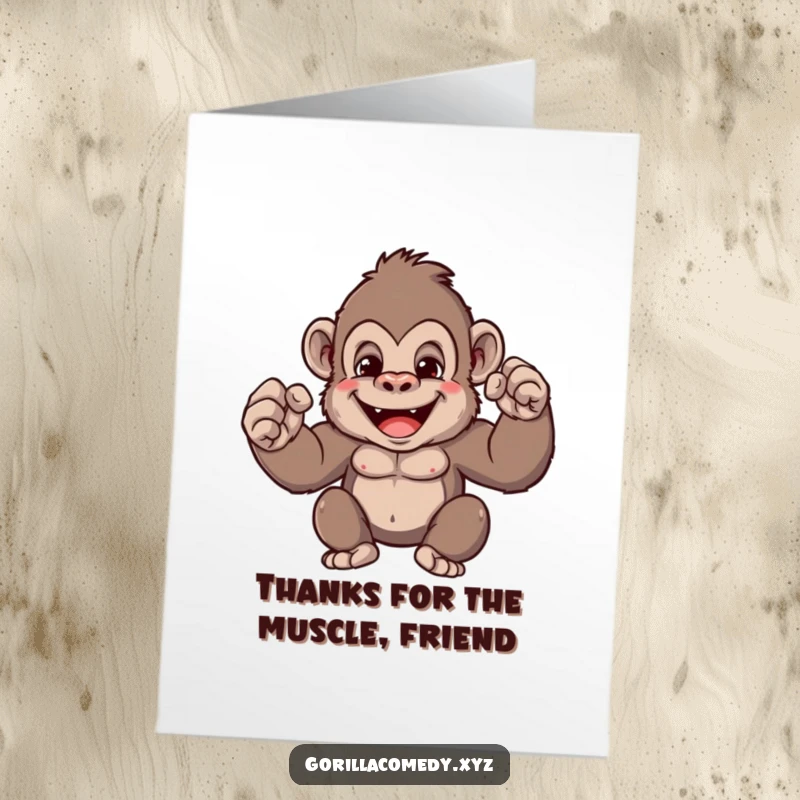 Funny Free Printable Thank You Card with a cute, grinning gorilla playfully flexing its comically tiny muscles to express thanks.