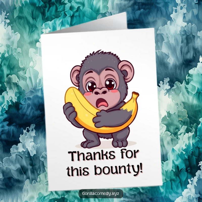 Funny Free Printable Thank You Card: Wide-eyed gorilla holding a ridiculously large banana, a hilarious downloadable.