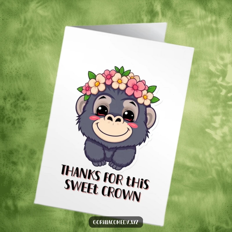 Funny Free Printable Thank You Card: A cute kawaii gorilla with a mischievous smile and flower crown, saying thanks.