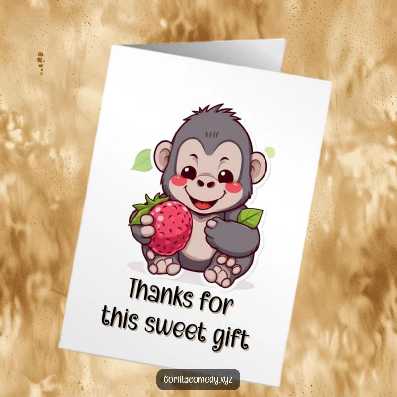 Funny Free Printable Gentle Gorilla Thank You Card with a gorilla offering a berry as a thank you.