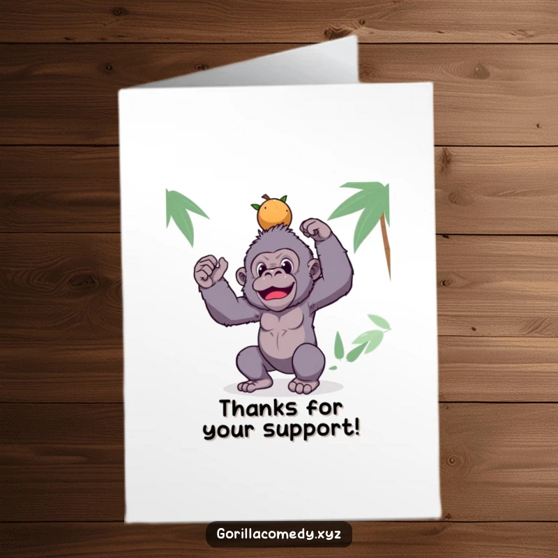 Funny Free Printable Thank You Card: A funny gorilla is expertly balancing a pile of coconuts on its head, saying thanks with humor.