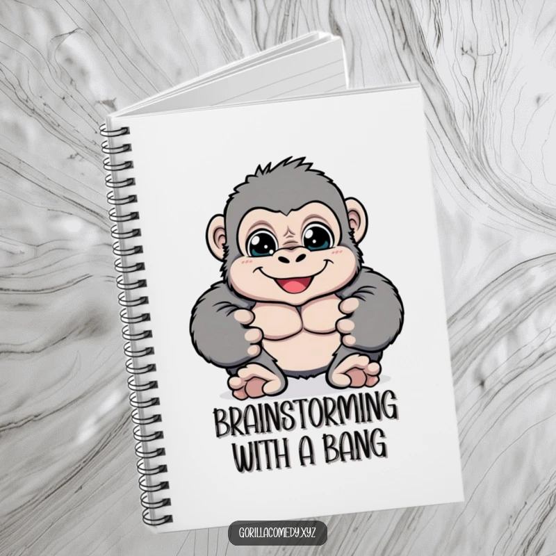 Funny cheerful gorilla notebook with big bright eyes playfully pounding its chest, ideal for jotting down ideas with a smile, a fun gift.