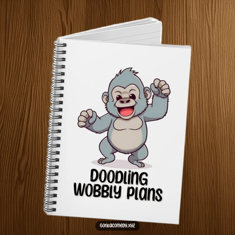 Funny notebook with a Kawaii gorilla character doing a comical dance with wobbly legs, designed for jotting down thoughts and fun ideas.
