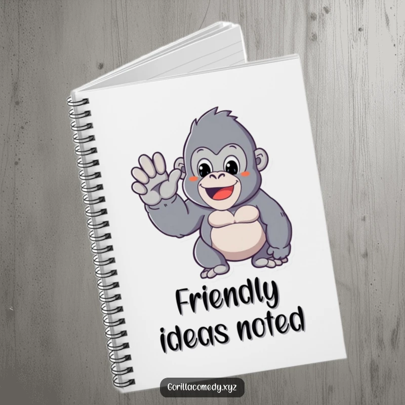 Funny notebook with a Kawaii gorilla character giving a friendly wave, designed for jotting down notes and kind thoughts.