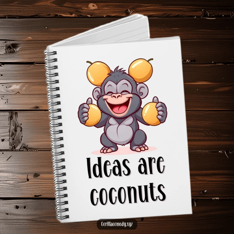 Funny giggling gorilla notebook with a wide grin juggling three shiny coconuts, ideal for jotting down ideas with a smile, a fun gift.