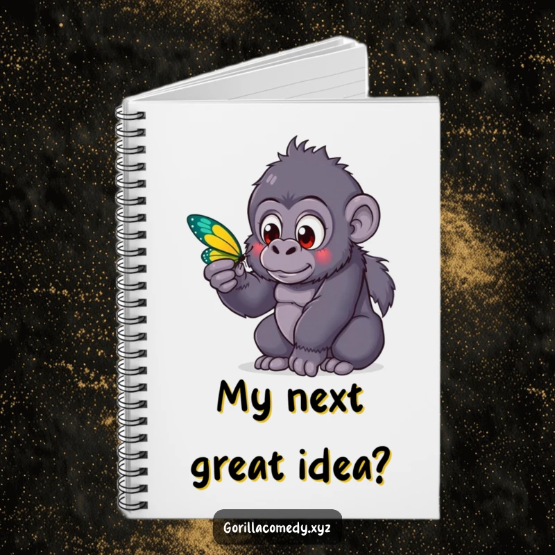 Funny kawaii gorilla with curious eyes studying a butterfly on a notebook, encouraging users to record their own discoveries.