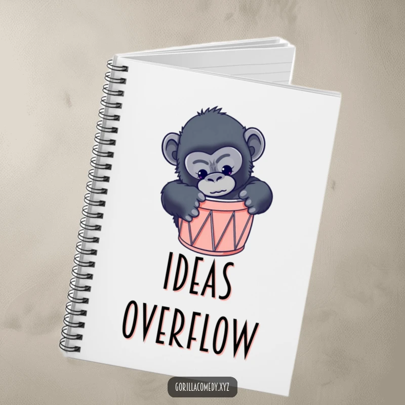 Funny gorilla notebook depicting a curious primate comically trying to fit into a drum that is significantly too small.