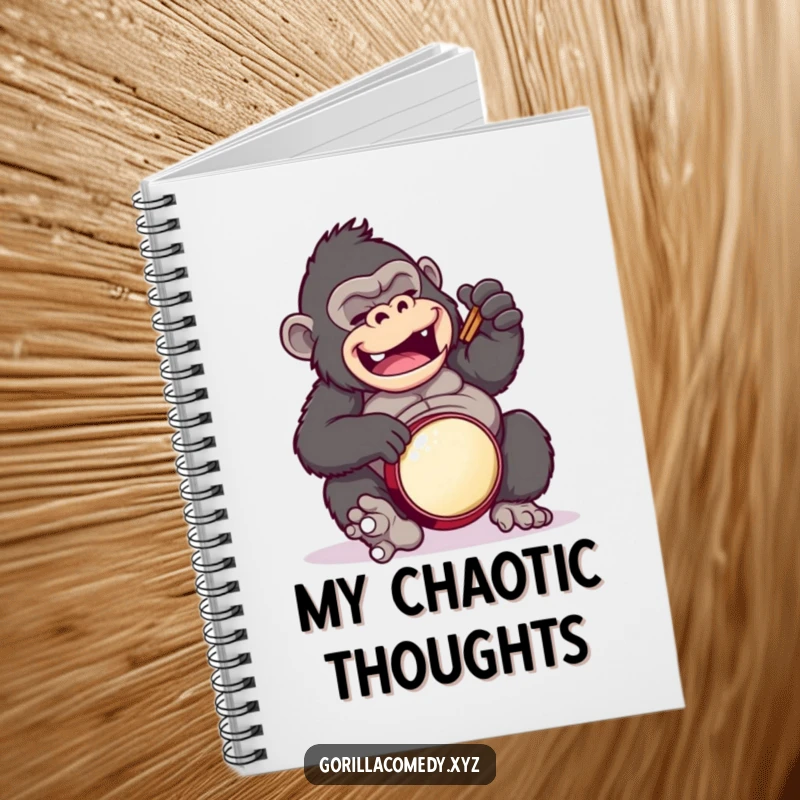 Funny gorilla notebook, depicting a gorilla comically drumming on its belly, for note-taking.