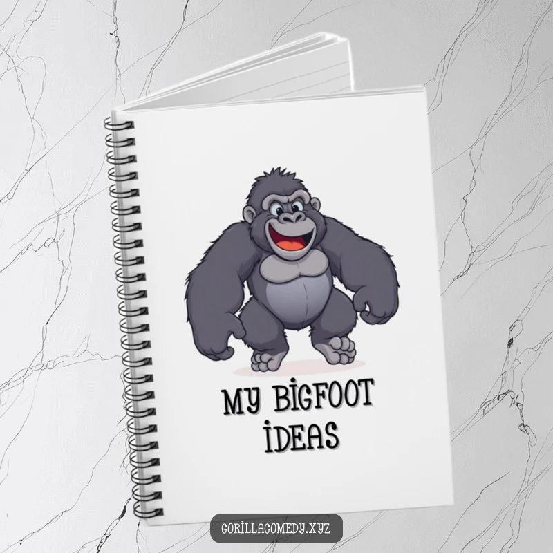 Funny notebook cover illustration of a gorilla with huge, smiling feet stomping energetically.