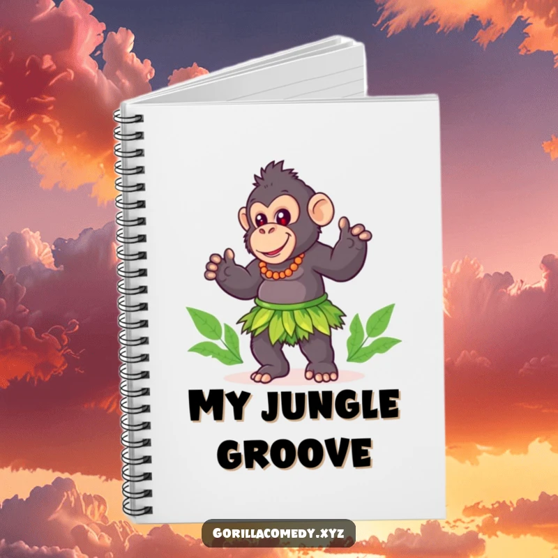 Funny gorilla notebook, cute character in a grass skirt, playfully doing a hula dance, great for writing.