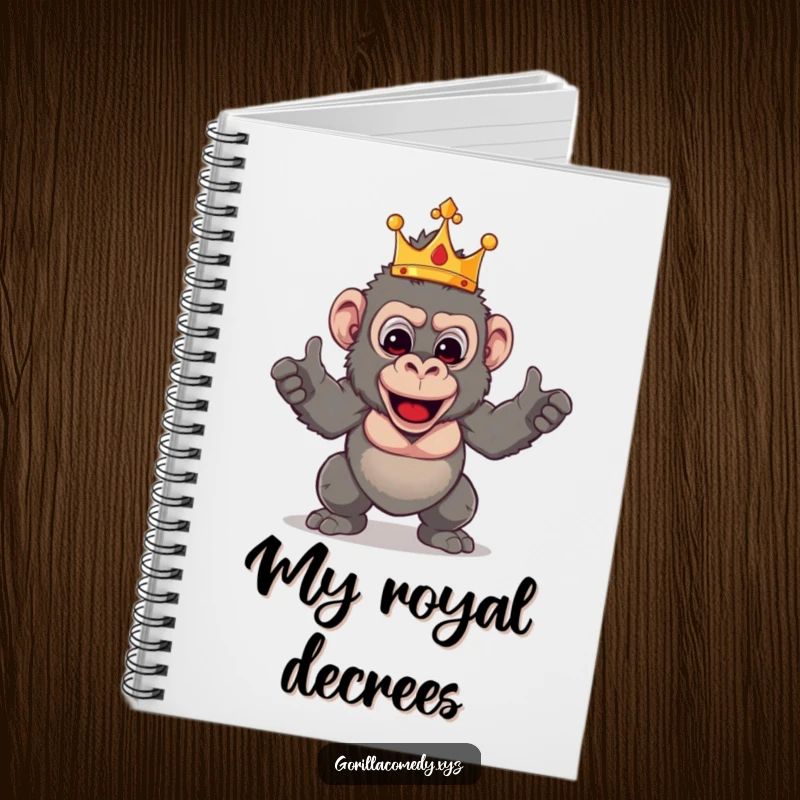 Funny Gorilla King notebook featuring a crowned primate striking a regal and funny pose, ideal for jotting down notes.