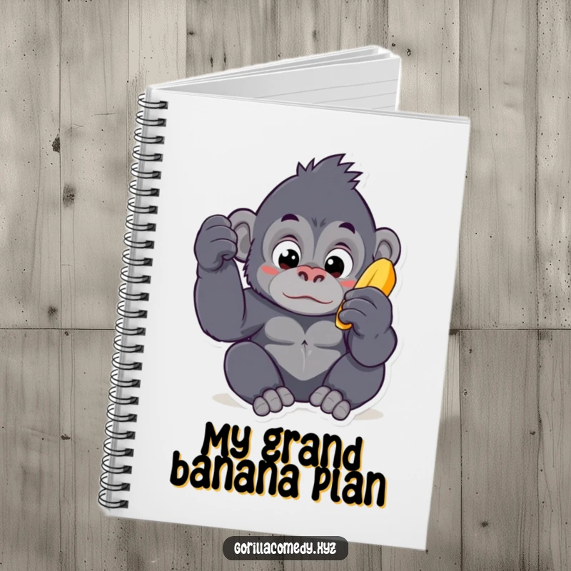 Funny Kawaii gorilla notebook, showing a curious ape character focused on a banana, perfect for jotting down ideas with humorous charm.