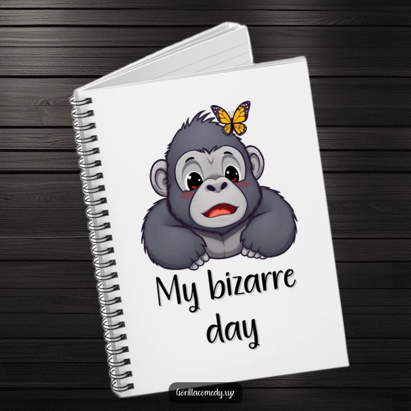 Funny Kawaii gorilla notebook, showing a surprised ape character with a butterfly on its nose, perfect for jotting down ideas with humorous charm.