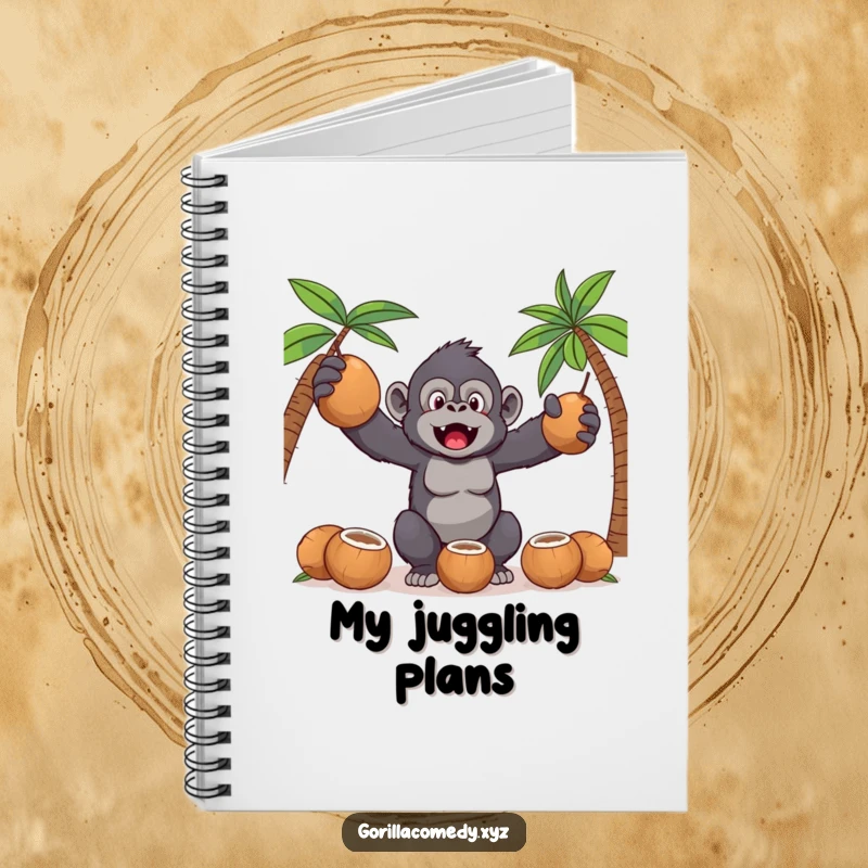 Funny Kawaii gorilla juggling coconuts on a notebook cover, inspiring imaginative and humorous note-taking.