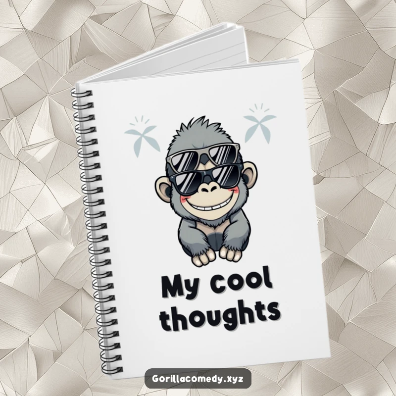 Funny Kawaii gorilla wearing sunglasses and a silly grin on a notebook cover, inspiring cool and humorous thoughts.