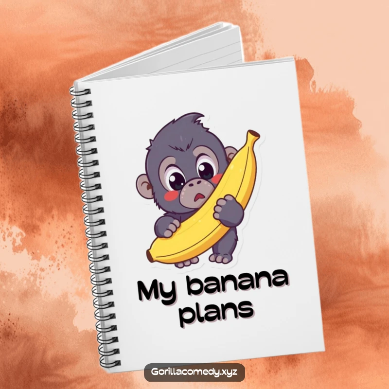Funny Kawaii Gorilla Notebook featuring a surprised gorilla holding a giant banana, perfect for writing, drawing, and brainstorming humorously.