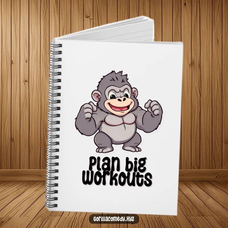 Funny kawaii gorilla notebook with a flexing muscular character, ideal for notes and plans, a strong funny gift.