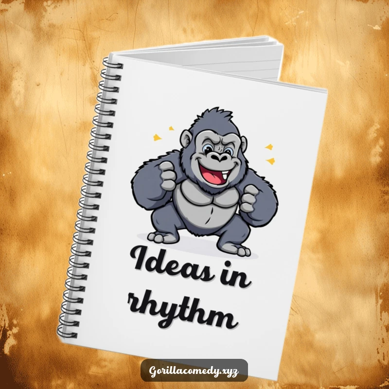 Funny notebook with a cheerful gorilla pounding its chest rhythmically, perfect for jotting down happy thoughts and ideas.