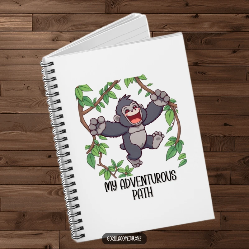 Funny Kawaii gorilla notebook, showing a joyful ape character leaping through jungle vines, perfect for jotting down ideas with adventurous charm.