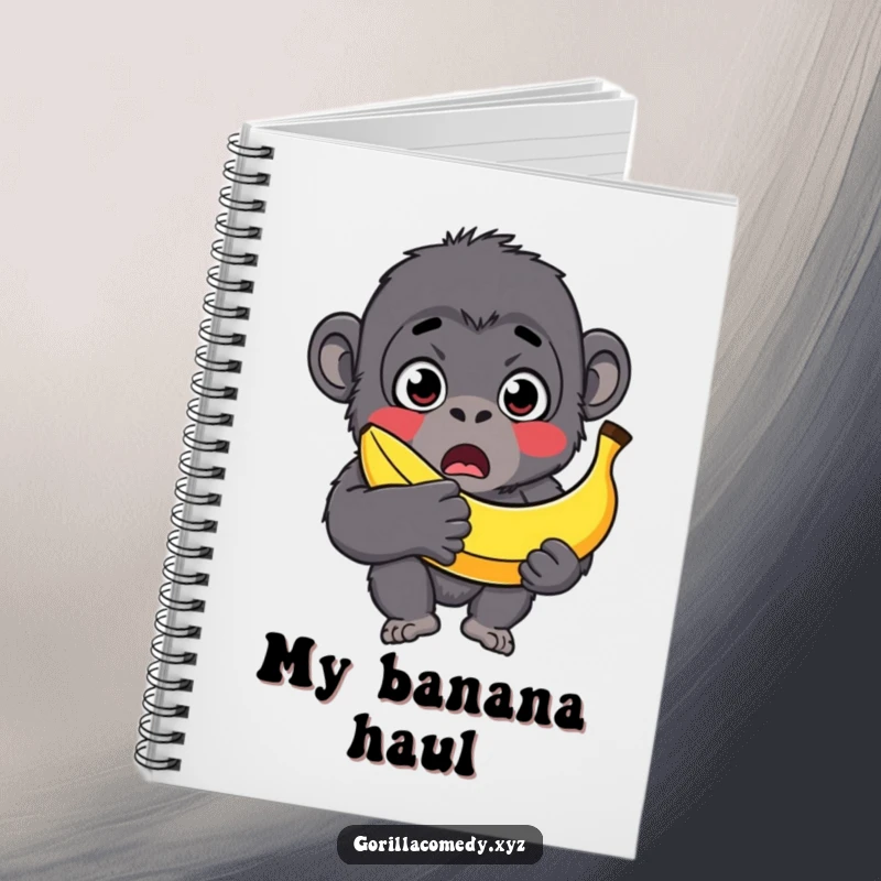 Funny gorilla notebook, surprised character with wide eyes, holding a comically oversized banana, great for writing.