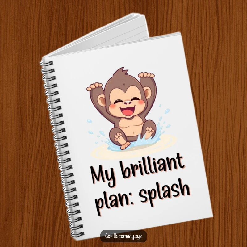 Funny kawaii gorilla gleefully splashing in a puddle on a notebook, encouraging users to jot down their most playful thoughts.