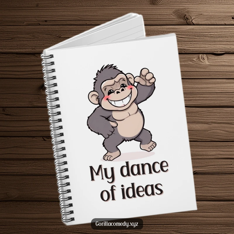 Funny gorilla notebook, depicting a grinning gorilla doing a playful and silly dance, for journaling.