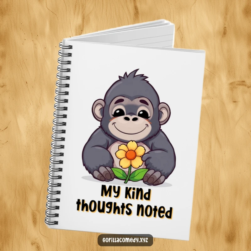Cute funny kawaii gorilla with a contented smile offers a flower on a notebook, encouraging users to jot down their kindest thoughts.