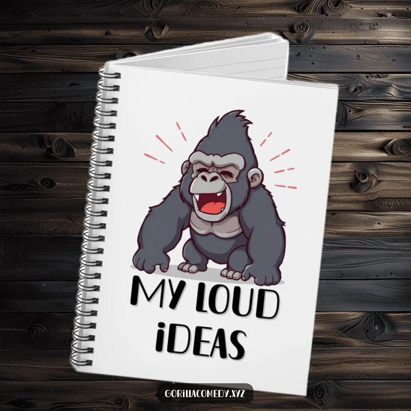 Funny notebook cover featuring a gorilla roaring powerfully, with sound waves visually representing its loud and humorous output.