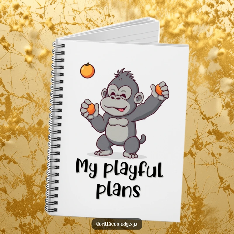 Funny notebook featuring a mischievous gorilla playfully tossing a piece of fruit, perfect for jotting down notes with humor.