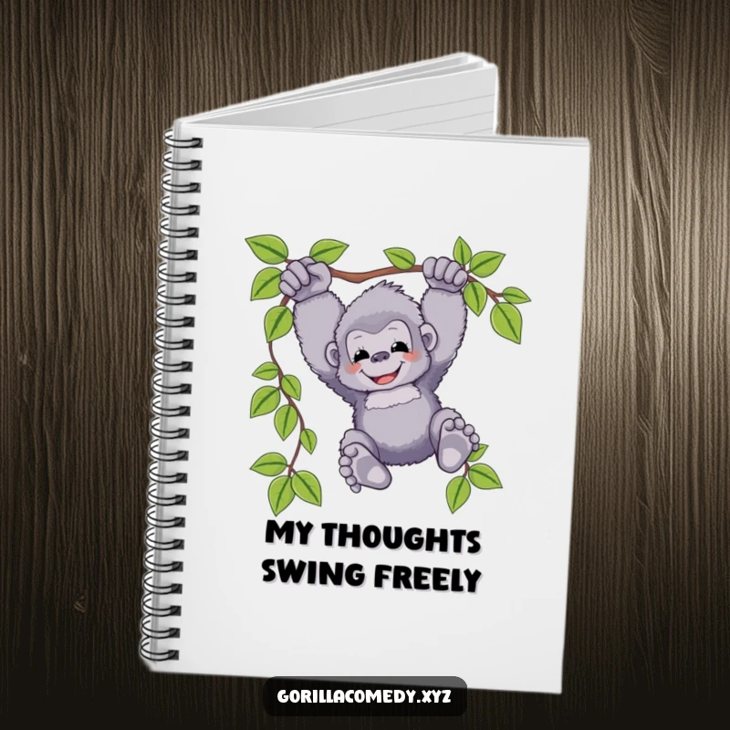 Funny gorilla notebook featuring a fluffy ape happily swinging from a vine, feet dangling, ideal for journaling adventures and happy thoughts.