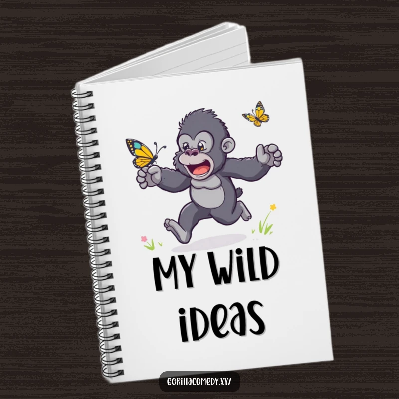 Funny notebook cover illustration of a gorilla with arms flailing, excitedly racing a butterfly.