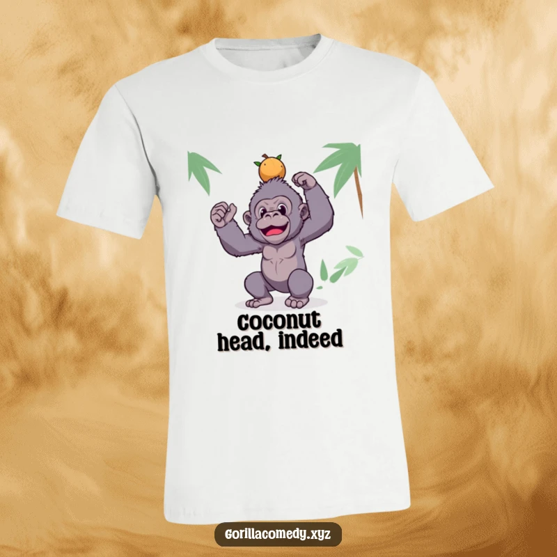 Funny gorilla t-shirt with a silly ape balancing coconuts on its head, perfect for expressing a humorous and lighthearted personality.